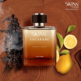 SKINn ESCAPEDE perfume, showing a bottle of 'Forest Honey' fragrance on a rustic wood background with lemons and dried lavender.