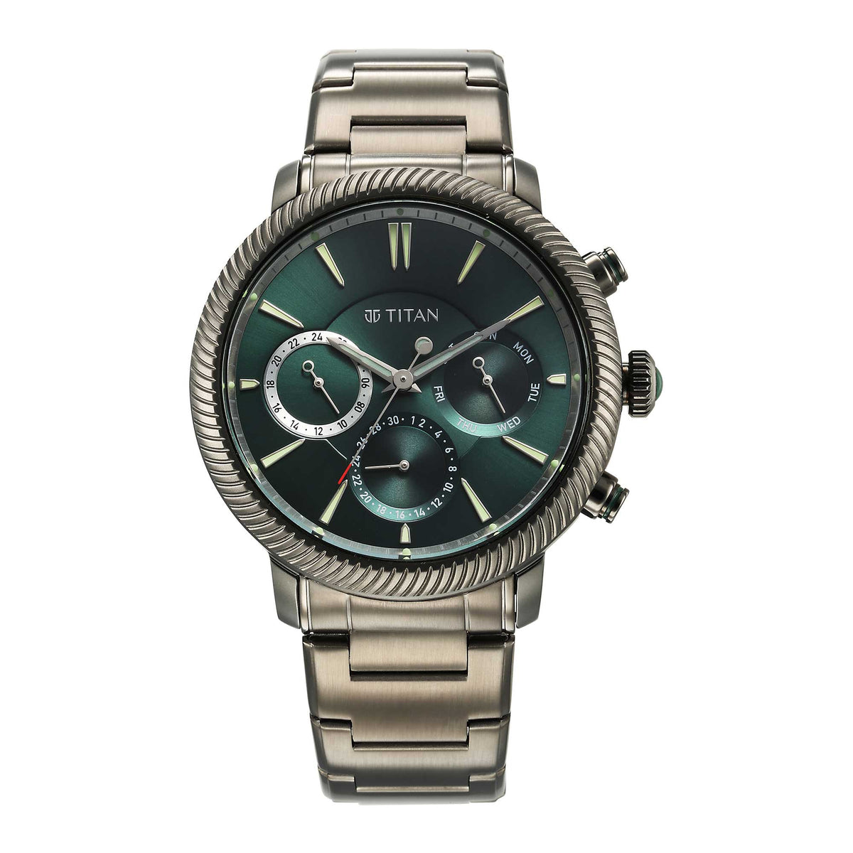 Titan Stellar Quartz Multifunction Green Dial Men’s Watch – Stainless Steel Strap | 10012QM01