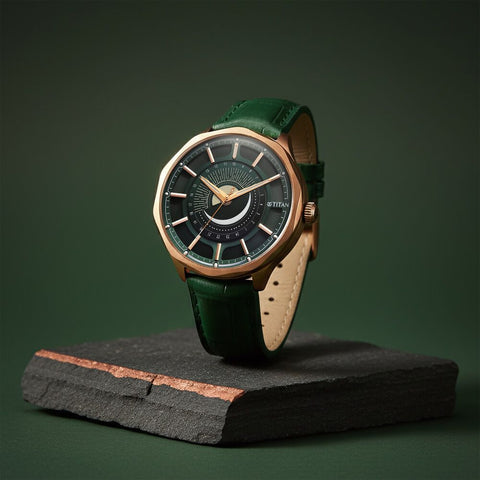 Titan Stellar Analog Sun Moon Phase Green Dial Men’s Watch – Green Leather Strap | 10028QL01
