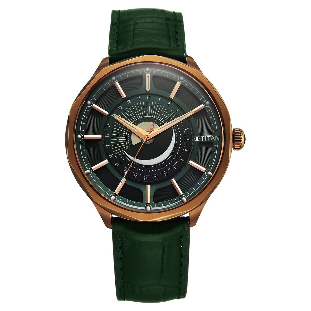 Titan Stellar Analog with Sun Moon Phase and Green Dial Green Leather Strap Watch for Men