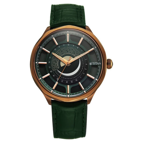 Titan Stellar Analog Sun Moon Phase Green Dial Men’s Watch – Green Leather Strap | 10028QL01