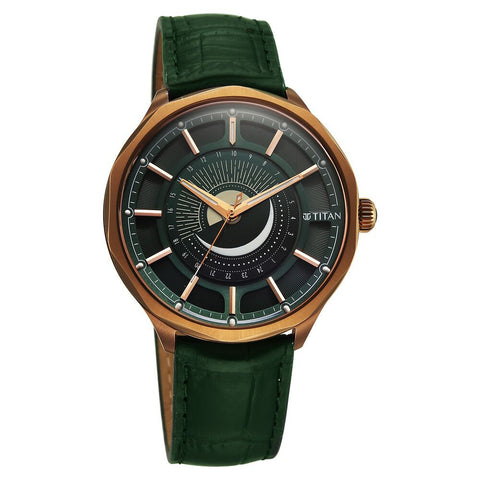 Titan Stellar Analog Sun Moon Phase Green Dial Men’s Watch – Green Leather Strap | 10028QL01