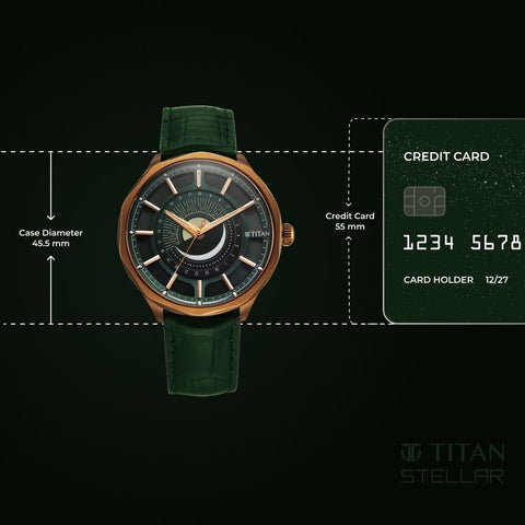 Titan Stellar Analog Sun Moon Phase Green Dial Men’s Watch – Green Leather Strap | 10028QL01