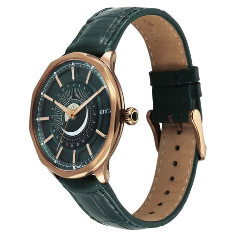 Titan Stellar Analog Sun Moon Phase Green Dial Men’s Watch – Green Leather Strap | 10028QL01