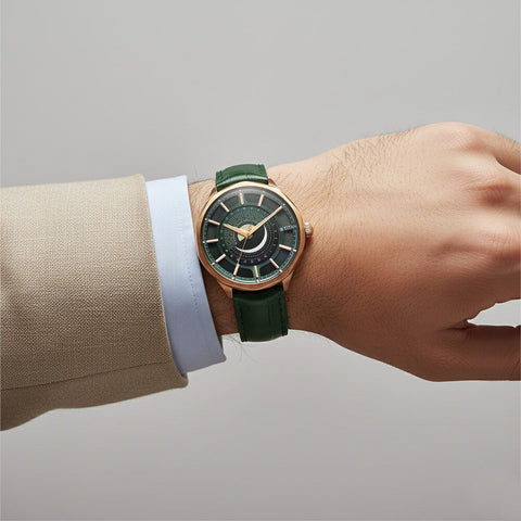 Titan Stellar Analog Sun Moon Phase Green Dial Men’s Watch – Green Leather Strap | 10028QL01