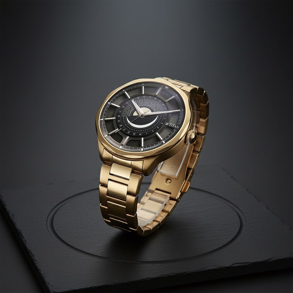 Titan Stellar Men’s Watch – Sun Moon Phase with Black Dial in Carnation Gold Stainless Steel | 10028WM01