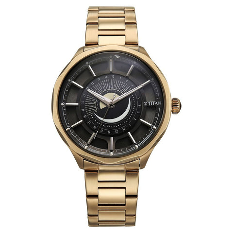 Titan Stellar Men’s Watch – Sun Moon Phase with Black Dial in Carnation Gold Stainless Steel | 10028WM01