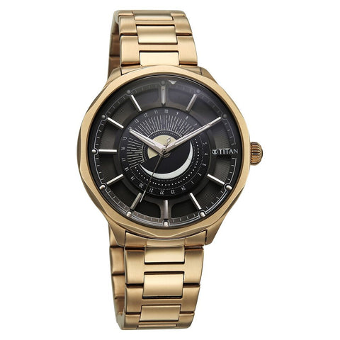 Titan Stellar Men’s Watch – Sun Moon Phase with Black Dial in Carnation Gold Stainless Steel | 10028WM01
