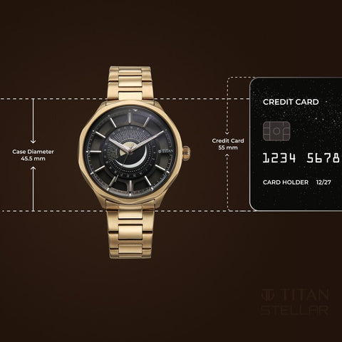 Titan Stellar Men’s Watch – Sun Moon Phase with Black Dial in Carnation Gold Stainless Steel | 10028WM01