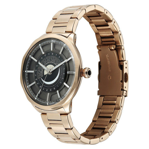 Titan Stellar Men’s Watch – Sun Moon Phase with Black Dial in Carnation Gold Stainless Steel | 10028WM01