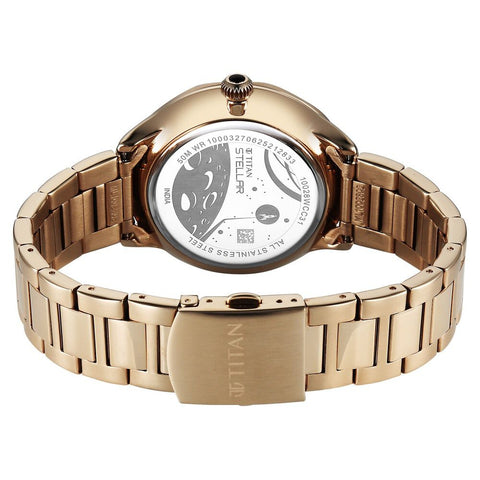 Titan Stellar Men’s Watch – Sun Moon Phase with Black Dial in Carnation Gold Stainless Steel | 10028WM01