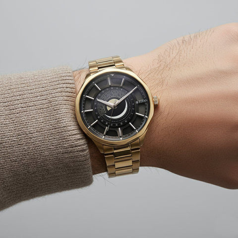 Titan Stellar Men’s Watch – Sun Moon Phase with Black Dial in Carnation Gold Stainless Steel | 10028WM01