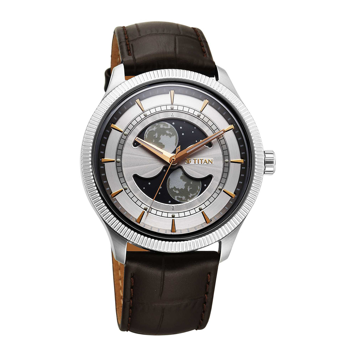 Titan Stellar Analog Dual Moonphase Silver Dial Men’s Watch – Brown Leather Strap | 10050SL01