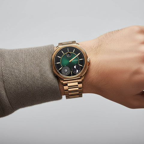 Titan Stellar Jumping Hour Men’s Watch – Green Dial with Dual Moonphase & Bronze Stainless Steel | 10053QM01