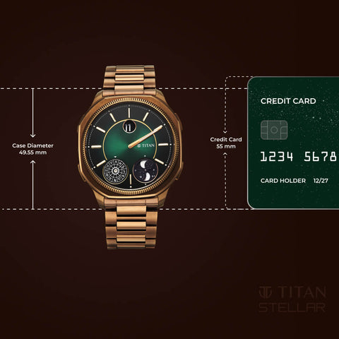 Titan Stellar Jumping Hour Men’s Watch – Green Dial with Dual Moonphase & Bronze Stainless Steel | 10053QM01