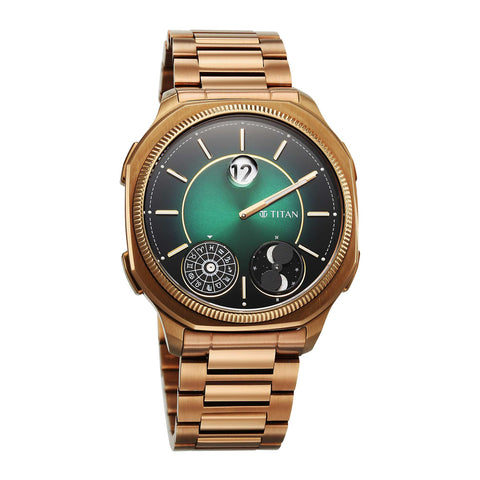 Titan Stellar Jumping Hour Men’s Watch – Green Dial with Dual Moonphase & Bronze Stainless Steel | 10053QM01