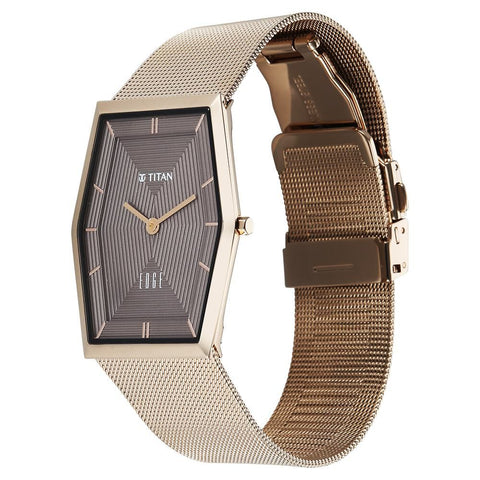Titan Edge Whimsey Quartz Analog Brown Dial Golden Stainless Steel Strap Watch For Men