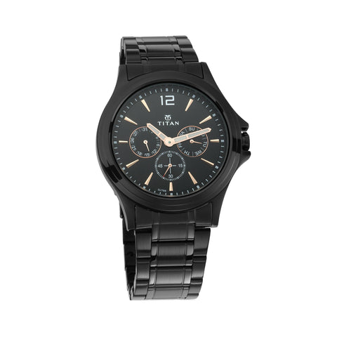 Titan Quartz Multifunction Black Dial Men’s Watch – Stainless Steel Strap | 1698NM01