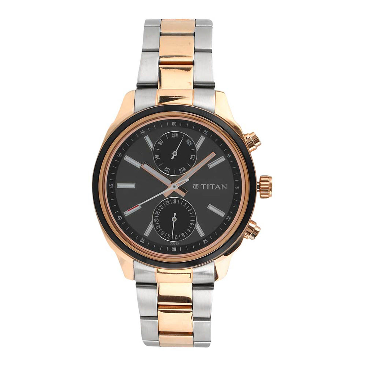 Titan Metropolitan Luxe Multifunction Black Dial Men’s Watch – Two-Tone Stainless Steel Bracelet | 1733KM03