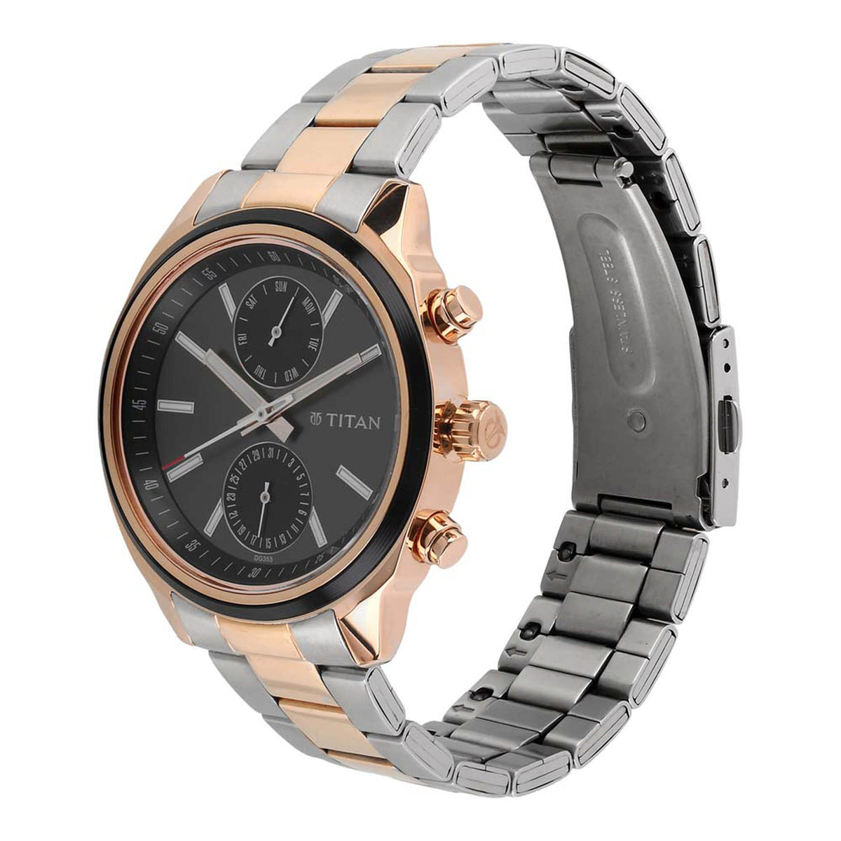 Titan Men's Metropolitan Luxe: Multifunction Black Dial with Two-Tone Stainless Steel Bracelet Watch