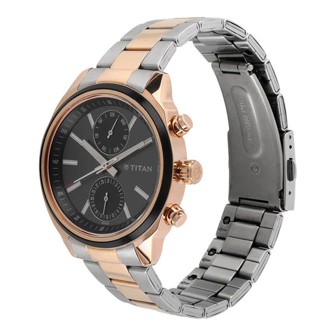 Titan Metropolitan Luxe Multifunction Black Dial Men’s Watch – Two-Tone Stainless Steel Bracelet | 1733KM03
