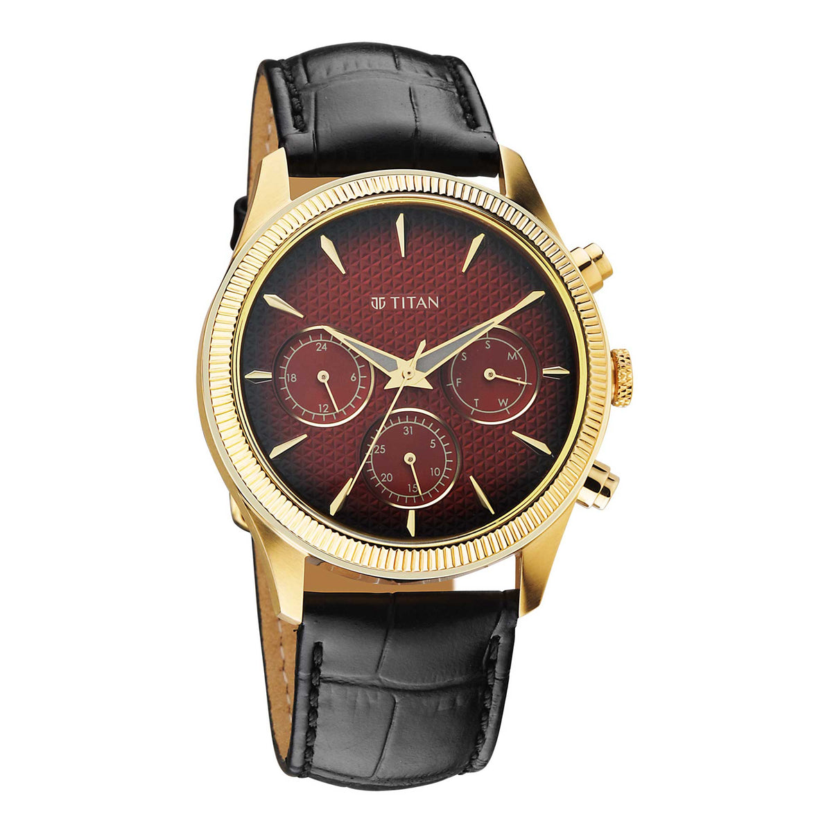 Titan Regalia Opulent Men’s Watch – Quartz Analog with Day-Date and Red Dial on Black Leather Strap | 1805YL01