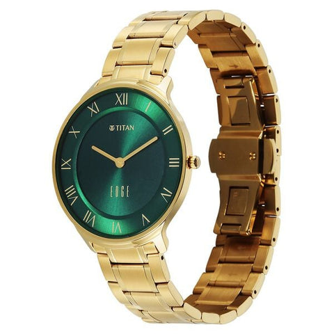 Titan Edge Gleam Quartz Analog Green Dial Golden Stainless Steel Strap Watch For Men