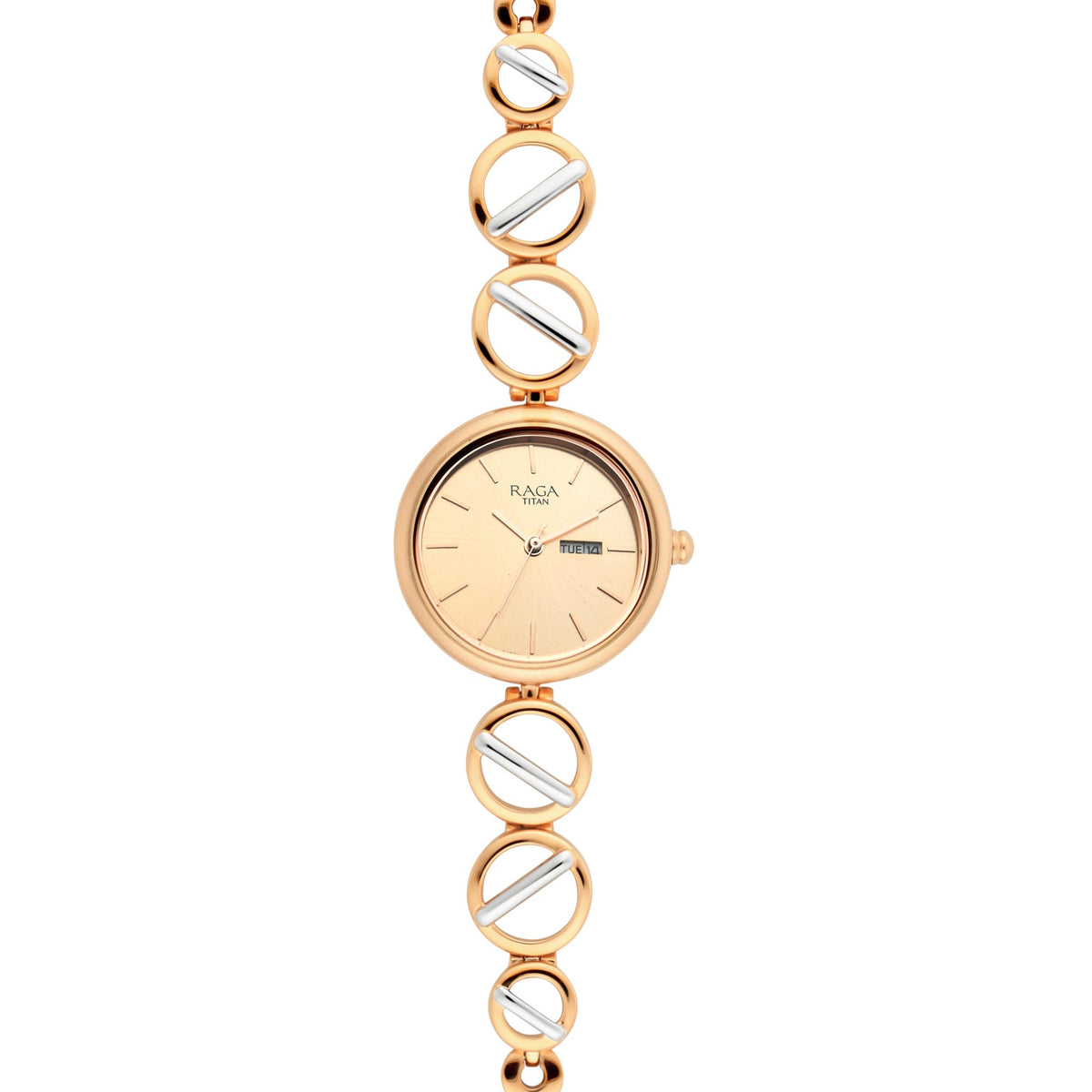 Titan Raga Viva Quartz Analog with Day and Date Rose Gold Dial Two Toned Metal Strap Watch For Women