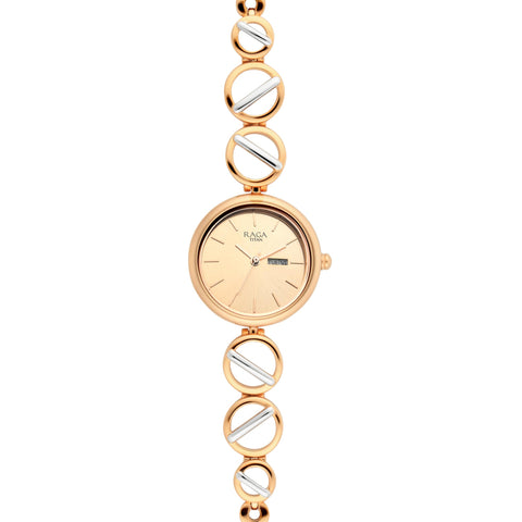 Titan Raga Viva Quartz Analog with Day and Date Rose Gold Dial Two Toned Metal Strap Watch For Women