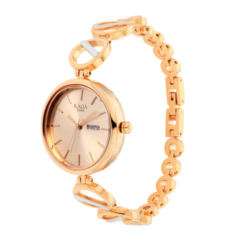 Titan Raga Viva Quartz Analog with Day and Date Rose Gold Dial Two Toned Metal Strap Watch For Women