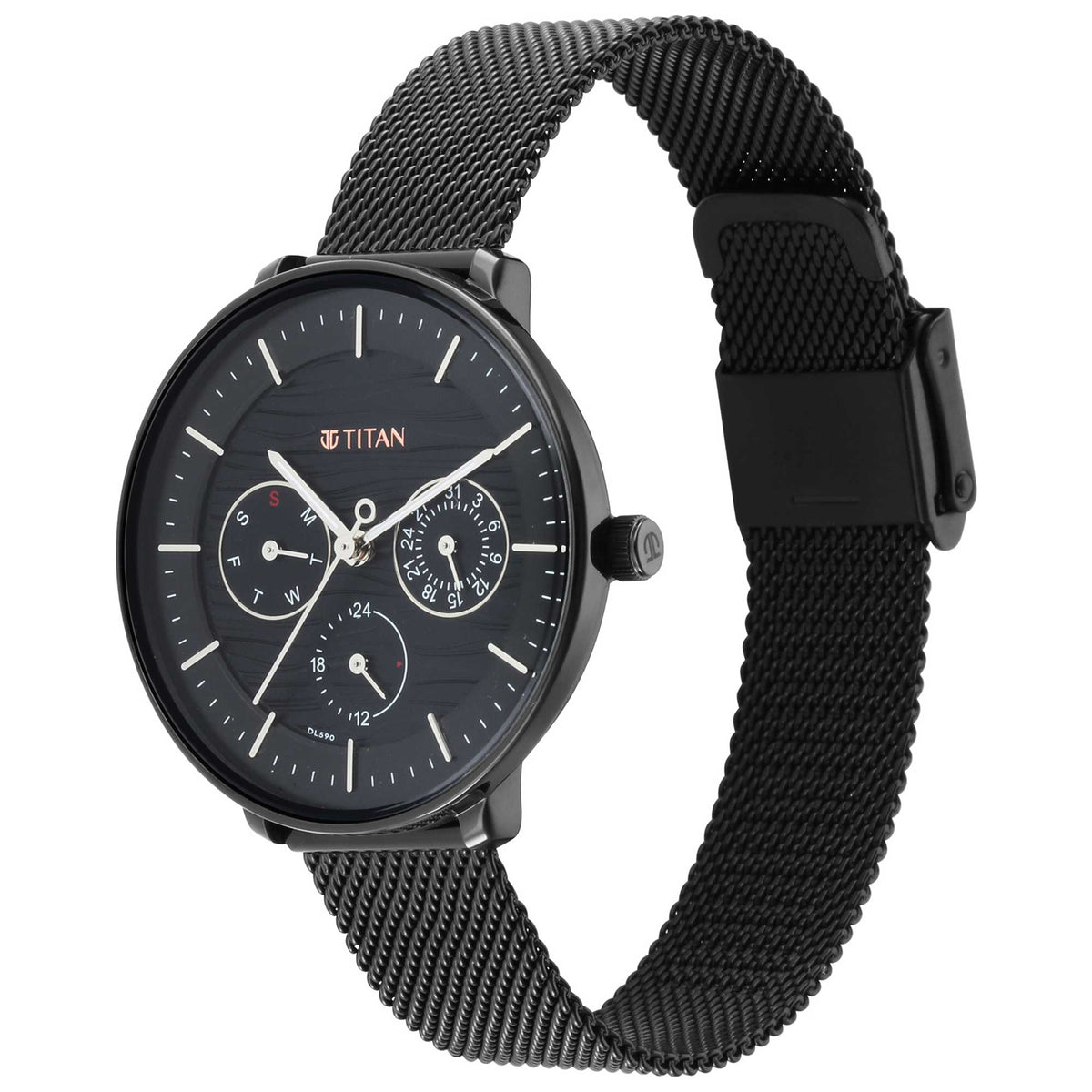 Titan Women's Svelte Black: Multi-Function Watch with Metal Strap