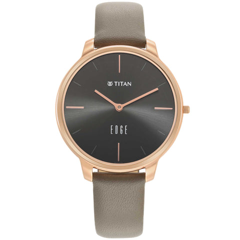Women Edge Black Dial Beige Leather Strap Watch
