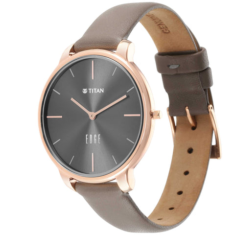 Women Edge Black Dial Beige Leather Strap Watch
