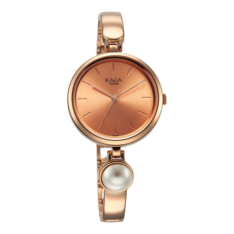 Titan Raga Power Pearls Quartz Rose Gold Dial Women’s Watch | Pearl-Detail Metal Bracelet | 2720WM01
