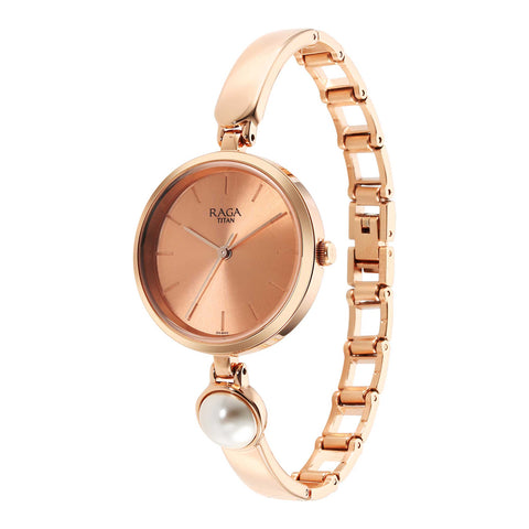 Titan Raga Power Pearls Quartz Rose Gold Dial Women’s Watch | Pearl-Detail Metal Bracelet | 2720WM01