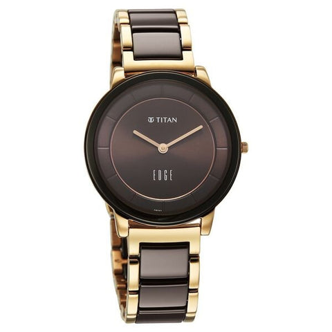 Titan Edge Melange Quartz Analog Brown Dial Rose Gold Steel &amp; Ceramic Strap Watch For Women