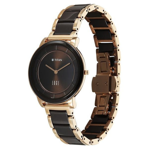 Titan Edge Melange Quartz Analog Brown Dial Rose Gold Steel &amp; Ceramic Strap Watch For Women