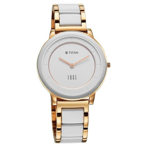 Titan Edge Melange Quartz Analog White Dial Pink Steel &amp; Ceramic Strap Watch For Women