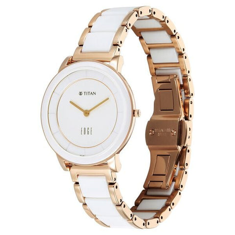 Titan Edge Melange Quartz Analog White Dial Pink Steel &amp; Ceramic Strap Watch For Women