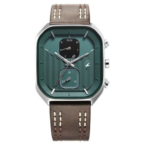 Fastrack Fleek Quartz Multifunction Green Dial Leather Strap Watch For Guys