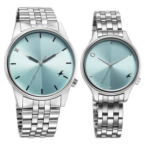 Fastrack Mixmatched Quartz Analog Blue Dial With Silver Metal Strap Watch For Couple