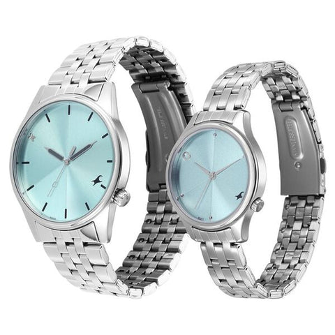 Fastrack Mixmatched Quartz Analog Blue Dial With Silver Metal Strap Watch For Couple