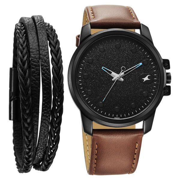 Fastrack Pulse Quartz Analog Black Dial With Tan Leather Strap Watch for Guys