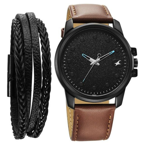 Fastrack Pulse Quartz Analog Black Dial With Tan Leather Strap Watch for Guys