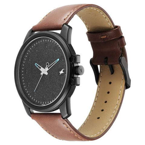 Fastrack Pulse Quartz Analog Black Dial With Tan Leather Strap Watch for Guys