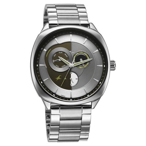 Fastrack Tick Tock Quartz Multifunction Silver Dial Stainless Steel Strap Watch For Guys