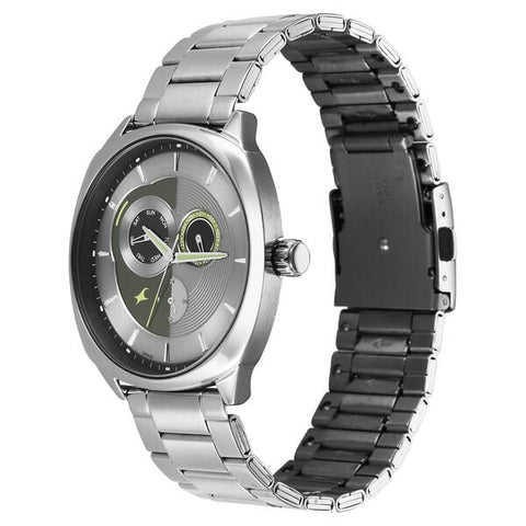 Fastrack Tick Tock Quartz Multifunction Silver Dial Stainless Steel Strap Watch For Guys
