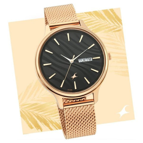 Fastrack Ruffles Quartz Analog with Day and Date Black Dial Stainless Steel Strap Watch for Girls