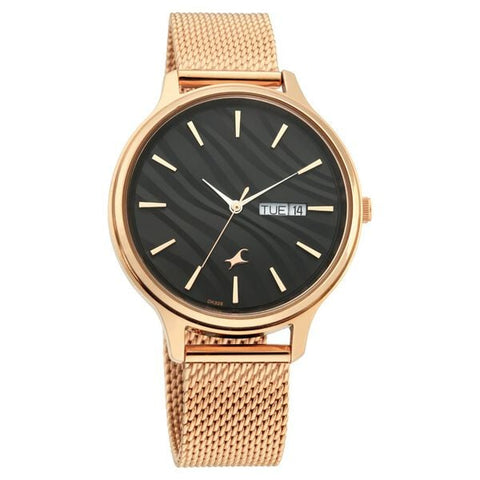 Fastrack Ruffles Quartz Analog with Day and Date Black Dial Stainless Steel Strap Watch for Girls