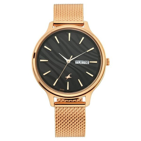 Fastrack Ruffles Quartz Analog with Day and Date Black Dial Stainless Steel Strap Watch for Girls